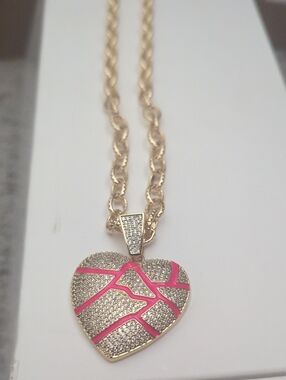 Gold Heart Pendant Necklace with Pink Inlay